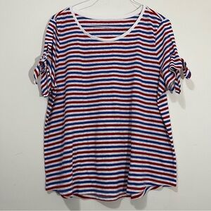 Talbots Linen Blend striped Top Size 2X Petite knot tie short sleeves Tee Beach